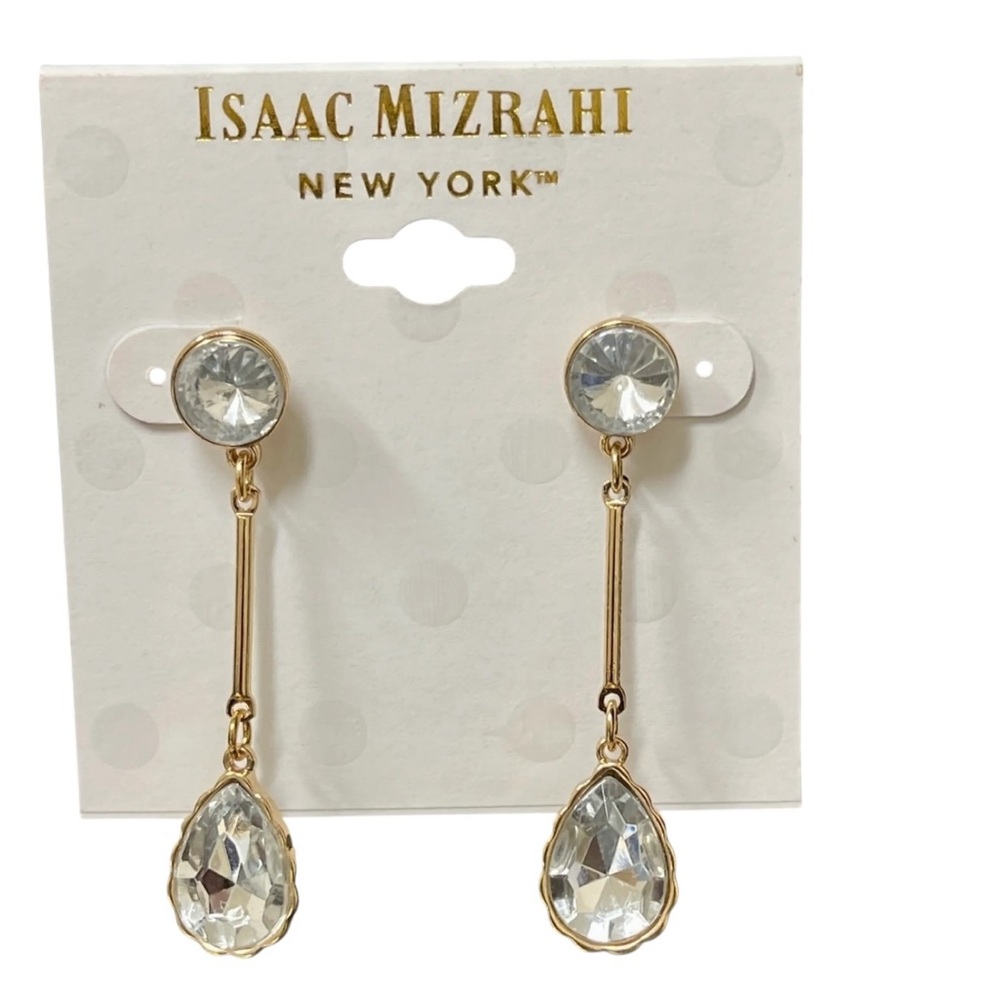 Isaac Mizrahi Gold/Clear Crystal Drop Earrings NWT‎ - Picture 3 of 7